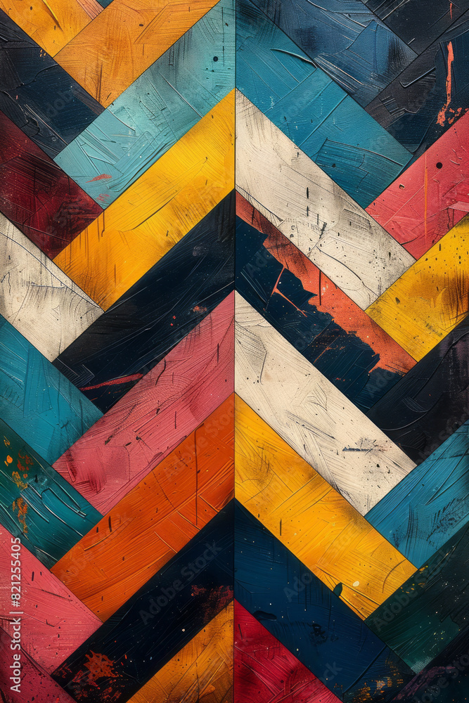 Poster Illustration featuring bold, colorful zigzag lines arranged in parallel rows, creating a vibrant and dynamic pattern,