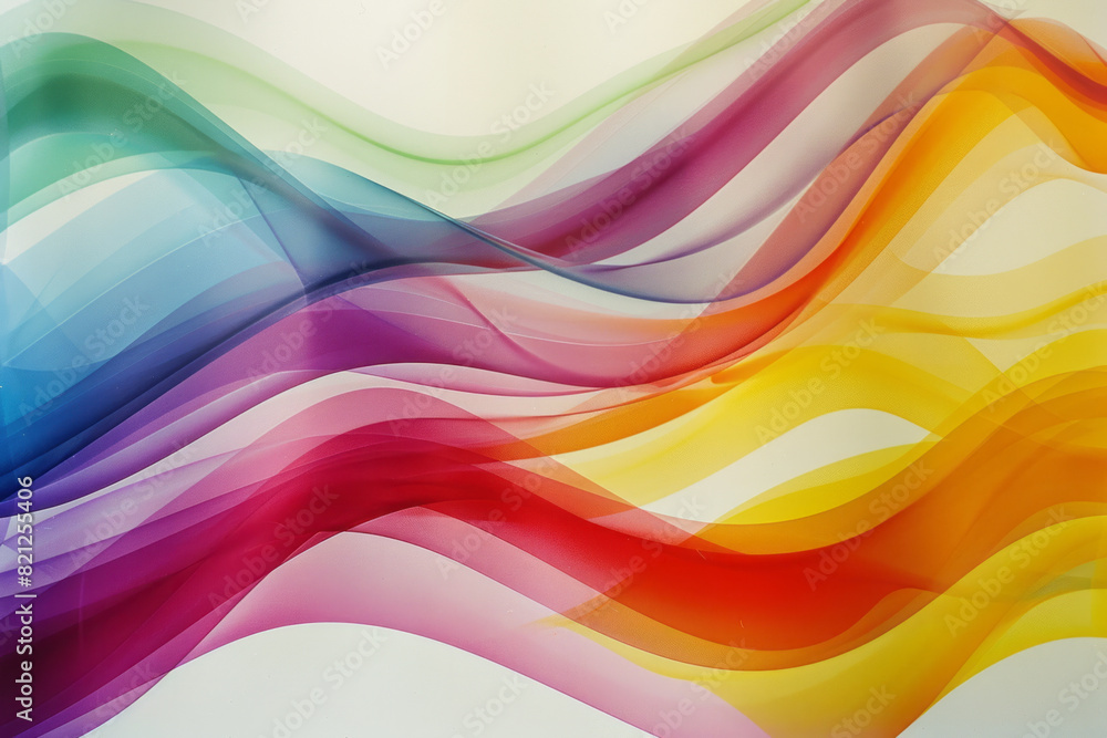 Poster design featuring wavy lines in rainbow colors, flowing diagonally across a white background for a pl