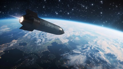 The image captures a space shuttle mid-launch, with the curvature of Earth and daytime sky as backdrop