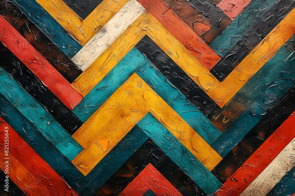 Poster Illustration featuring zigzag lines in contrasting colors, forming a chevron pattern with a sense of rhythm and movement,