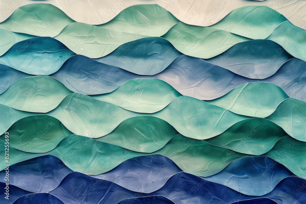 Poster design with overlapping wavy lines in different shades of blue and green, creating an oceanic feel,