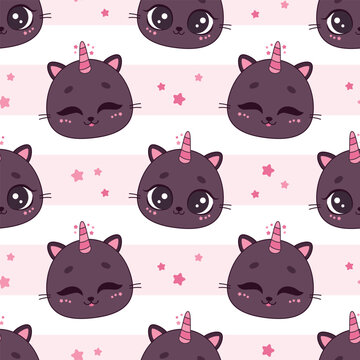 Cute unicorn cats with pink stars on striped background. Vector seamless caticorn pattern for kids t-shirts, pajamas, bedding.
