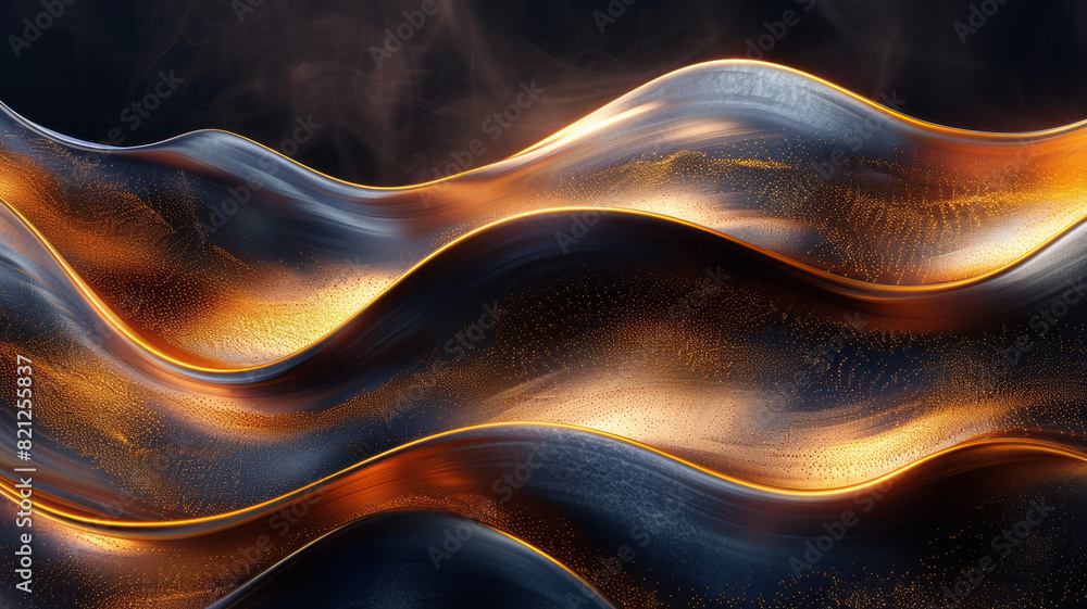 Aufkleber Artistic rendering of wavy lines in various shades of gold, flowing across a dark background to create a sense of luxury and movement,