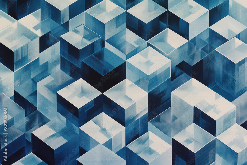 Poster illustration featuring a pattern of isometric cubes in shades of blue and grey, creating a sleek and