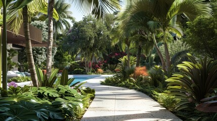 Fototapeta premium Lush vegetation surrounding the pool area, such as palm trees, tropical plants or colorful flowers. generative ai