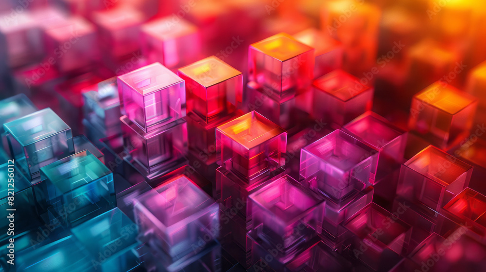 Poster Abstract design with isometric cubes in gradient colors, forming a layered, three-dimensional effect,