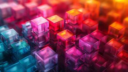 Abstract design with isometric cubes in gradient colors, forming a layered, three-dimensional effect,
