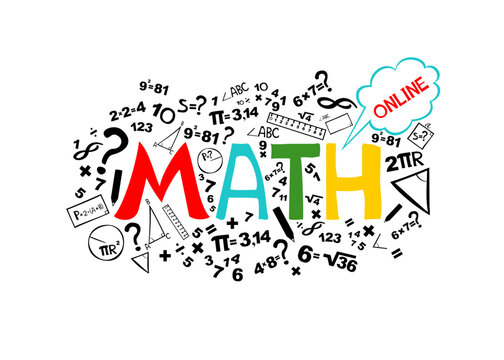 Math. Horizontal banner. Presentation, website. Isolated lettering typography idea with icons. Algebra, geometry, statistics, basic maths. Interesting creative funny math for kids. Vector illustration