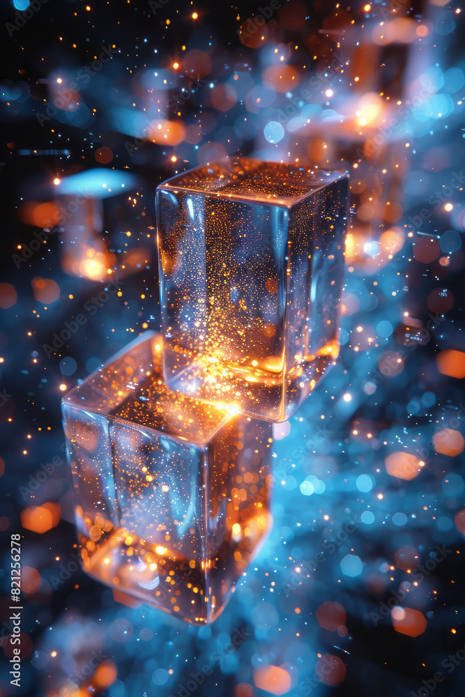 Poster design featuring isometric stars and cubes, creating a futuristic and celestial pattern,