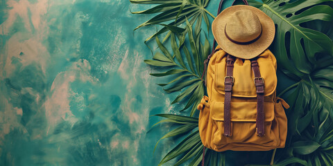 Yellow Backpack and straw hat on a blue background, copy space Concept: Hiking vacation, packing for summer trekking in the mountain, backpackers, adventure trips with backpack. 