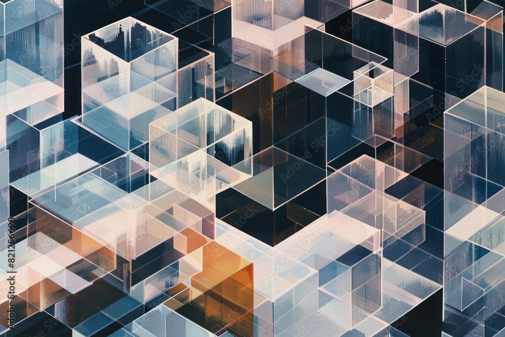 Aufkleber illustration featuring transparent isometric cubes layered over each other, creating a sense of dept