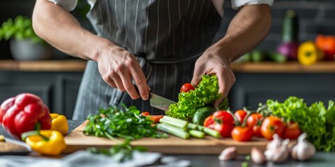 Chef with apron is cutting fresh vegetables on a wooden board in a kitchen setting, emphasizing healthy food preparation