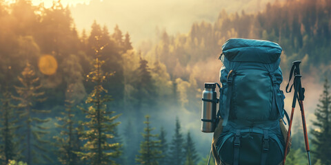 Backpack on a beautiful mountain landscape background, copy space Concept: Hiking vacation, packing for summer trekking in the mountain, backpackers, adventure trips with backpack. 
