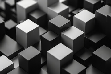 Minimalist illustration with isometric cubes in various shades of grey, creating a sleek and elegant visual effect,