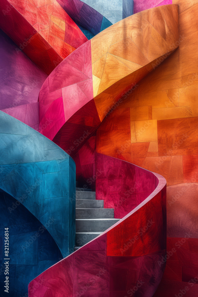Poster Abstract design featuring isometric pyramids and hexagons in bold colors, adding depth and dimension,