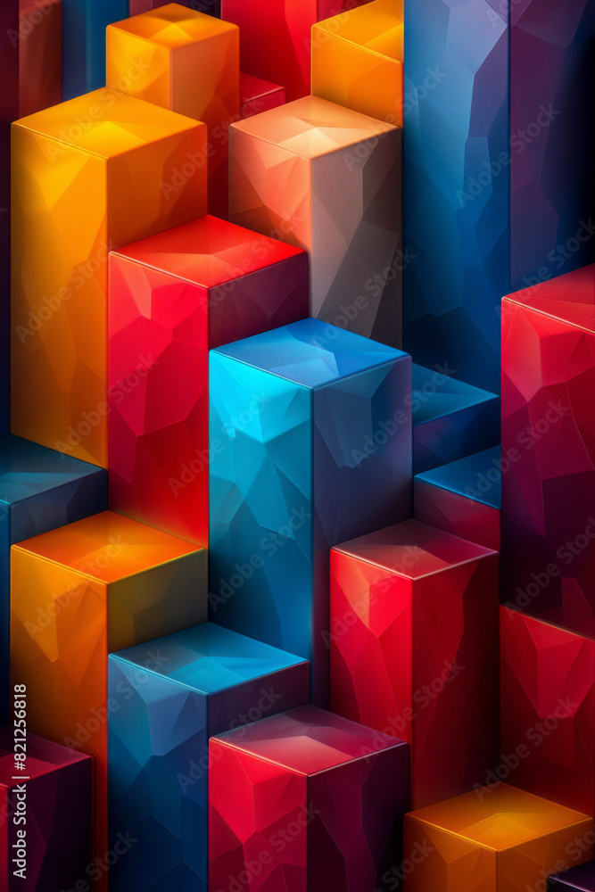 Poster abstract design featuring isometric pyramids and hexagons in bold colors, adding depth and dimension