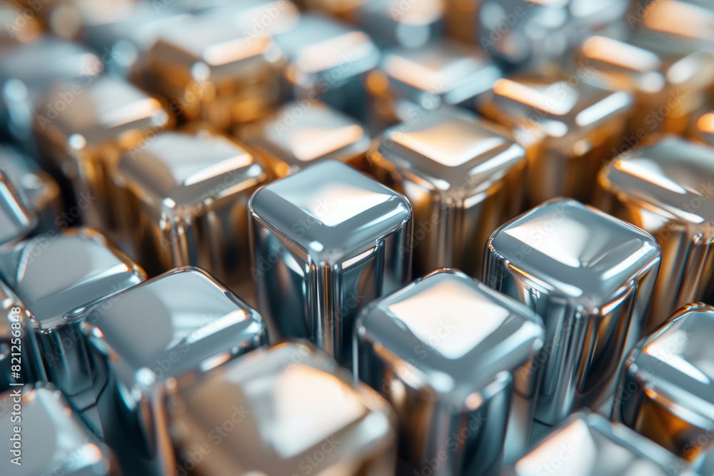 Poster artistic rendering of isometric spheres and cubes in metallic shades, forming a modern and luxurious