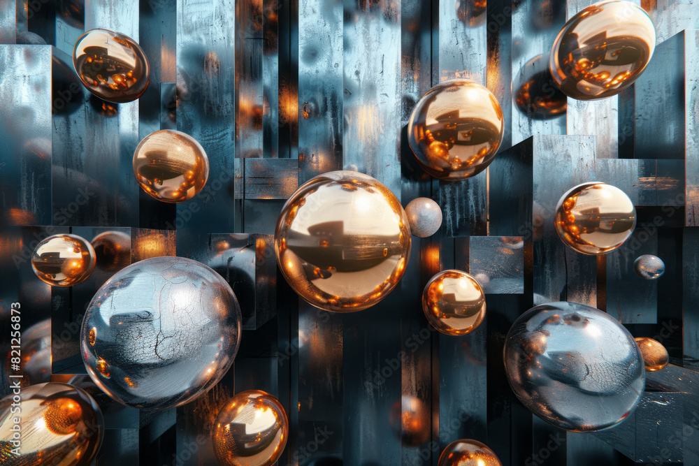 Poster artistic rendering of isometric spheres and cubes in metallic shades, forming a modern and luxurious