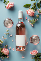 Flay lay of pink rose wine bottle with black white label mock-up with two wine glasses and pink flowers on a pastel blue background, Generative AI