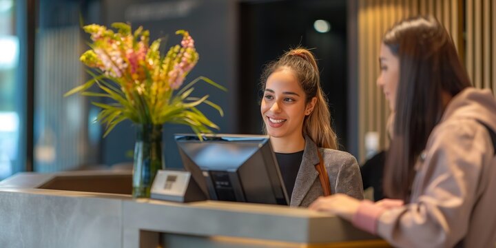 Pleasant female receptionist assisting a guest check-in at a modern hotel reception desk