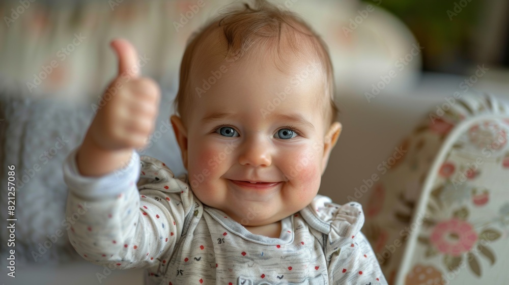 Canvas Prints A baby is smiling and giving a thumbs up