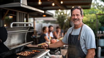 Portrait of man barbecuing, family and friends having fun at nice barbecue in the summer. Grilling sausages, meat, vegetables outside in the backyard at garden party.