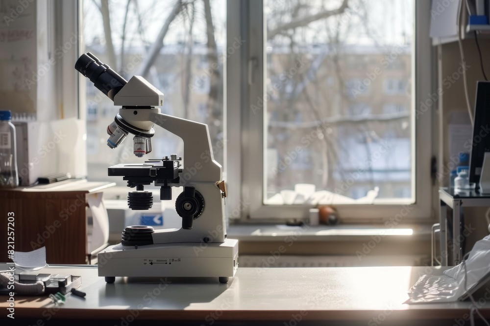 Poster a microscope is sitting on a table in front of a window, scientific laboratory