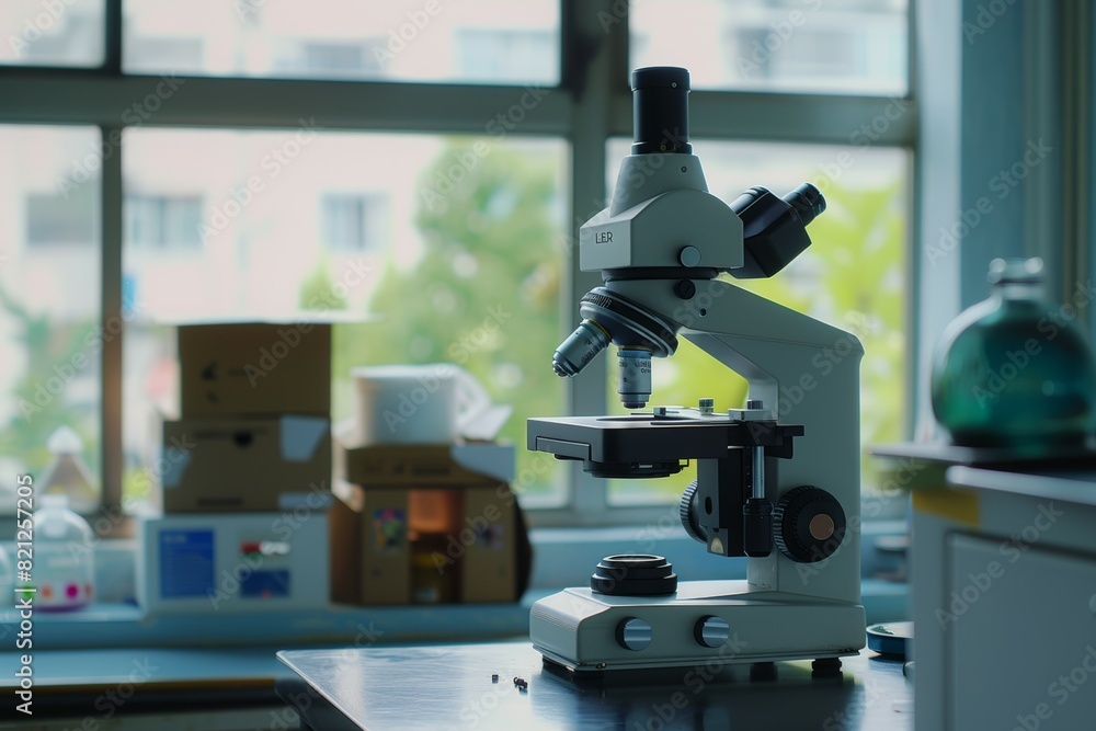 Poster a microscope is on a table in a lab, scientific laboratory