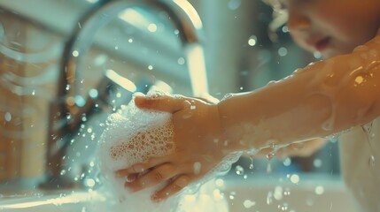 A child washing hands, symbolizing good hygiene and immunity close up, focus on cleanliness, whimsical, Blend mode, backdrop of a bathroom.