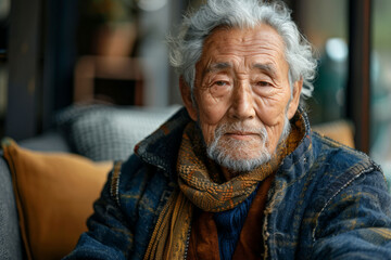 Elderly asian man relaxing on couch with scarf, portrait for marketing campaign