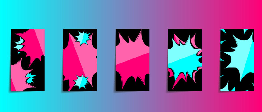 Vector colorful background in pop art retro comic style. Vector trendy editable set of templates for social media networks stories. Modern design backgrounds for flyers, cards, posters.