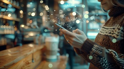 A person using a smartphone to share a file, emphasizing digital convenience close up, focus on connectivity, futuristic, Overlay, backdrop of a coffee shop.