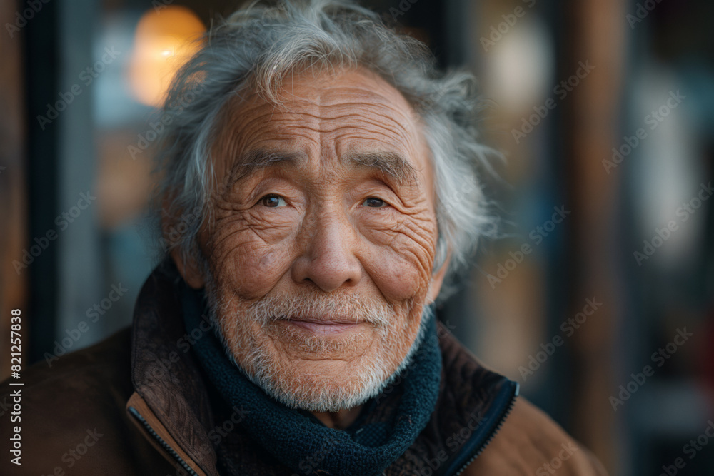 Wall mural Asian old man with grey hair and scarf around neck outdoors, portrait for marketing campaign