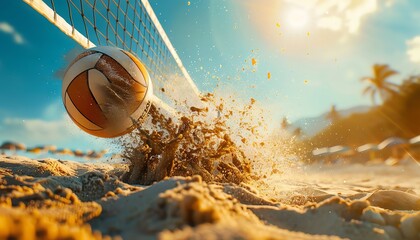 A volleyball hitting the sand, depicting the intensity of a beach match close up, focus on impact, surreal, Overlay, backdrop of a sunny beach.
