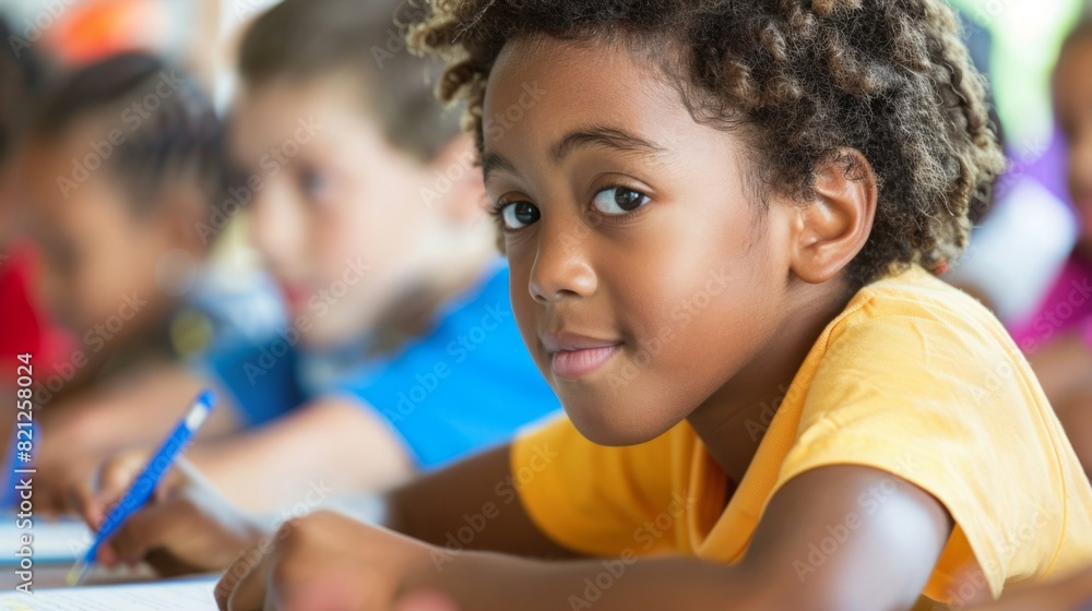 Poster A group of children sitting attentively at a desk in a classroom, engaged in learning activities.