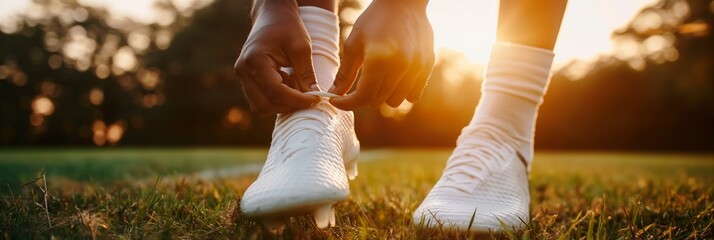 Hands tying shoelaces on white soccer cleats on grass field during sunset banner