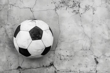 Soccer ball on cracked, weathered concrete surface with copy space