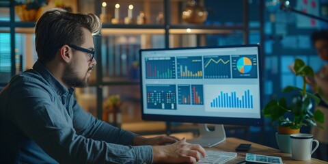 Naklejka premium A blurred face man observing financial graphs and charts on a computer monitor