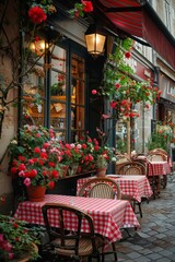 Obraz premium A restaurant with red and white checkered tablecloths and chairs