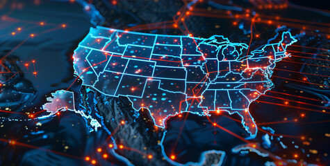 Mapping the USA's Digital Landscape, Illustrating American Global Connectivity, Data Transmission, Cyber Technology, Electronic Voting, Information Exchange, and Telecommunication