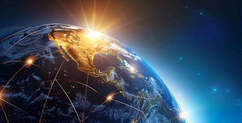 Global Network Hub, America-Centric Digital World Globe, Signifying High-Speed Data Transfer, Cyber Technology, and International Information Exchange