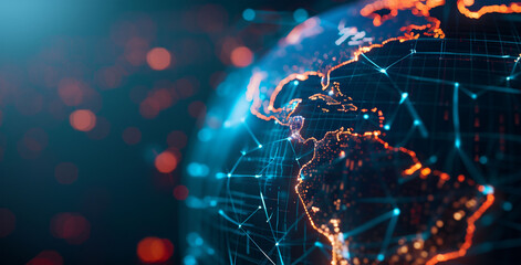 Global Network Hub, America-Centric Digital World Globe, Signifying High-Speed Data Transfer, Cyber Technology, and International Information Exchange