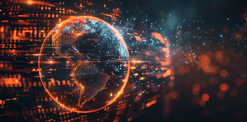 Obraz premium Global Network and Connectivity, Exploring the Digital World Globe through High-Speed Data Transfer, Cyber Technology, and International Information Exchange