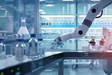 A robot is working in a lab with many bottles and vials. The robot is moving a bottle of liquid from one shelf to another