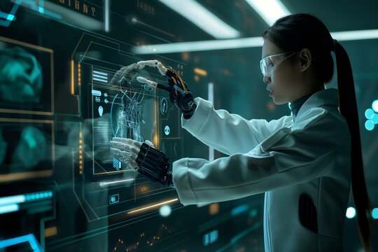 A woman in a lab coat is using a computer to manipulate a digital image of a face. The image is displayed on a large screen, and the woman is focused on her work. Concept of scientific exploration