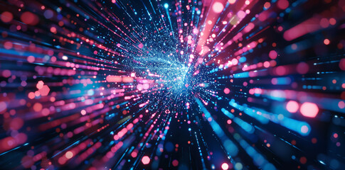 Fototapeta premium Digital Particles Explosion in Abstract Tech Background, Quantum Core, Computing Network System, Artificial Intelligence, and Global Data Connections