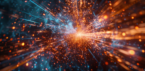 Naklejka premium Digital Particles Explosion in Abstract Tech Background, Quantum Core, Computing Network System, Artificial Intelligence, and Global Data Connections