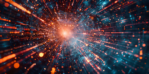 Fototapeta premium Digital Particles Explosion in Abstract Tech Background, Quantum Core, Computing Network System, Artificial Intelligence, and Global Data Connections
