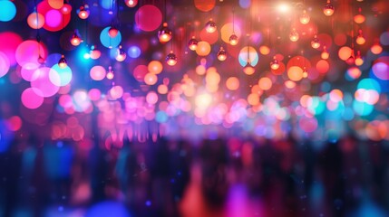 Vibrant nightlife scene with colorful lights and lively atmosphere. Abstract, blurred view of a festive gathering or party. Ideal for backgrounds and celebrations. AI
