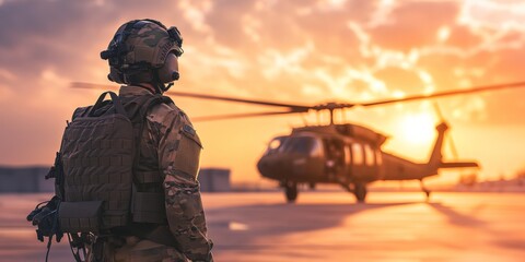 Soldier with combat gear watching a helicopter land against a picturesque sunset